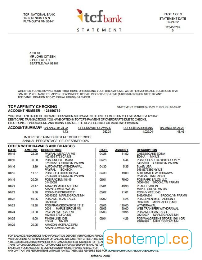 TCF Bank Statement PDF Templates